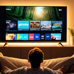 **Prompt:** A person relaxing on a couch, illuminated by the glow of a streaming service on a large TV screen. The recommendations are hyper-personalized, with titles and thumbnails reflecting their specific interests. Soft, warm lighting, creating a cozy and inviting atmosphere. Emphasis on the immersive and engaging nature of personalized streaming.