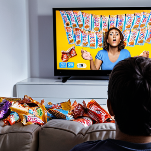 Home 6 A person glued to the couch, surrounded by snack wrappers, eyes fixed on a brightly lit TV screen displaying a dramatic cliffhanger from a popular streaming show. Emphasize the contrast between the immersive world on the screen and the messy, neglected reality surrounding the viewer.