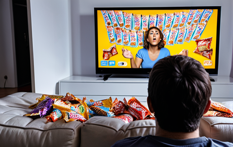 A person glued to the couch, surrounded by snack wrappers, eyes fixed on a brightly lit TV screen displaying a dramatic cliffhanger from a popular streaming show. Emphasize the contrast between the immersive world on the screen and the messy, neglected reality surrounding the viewer.