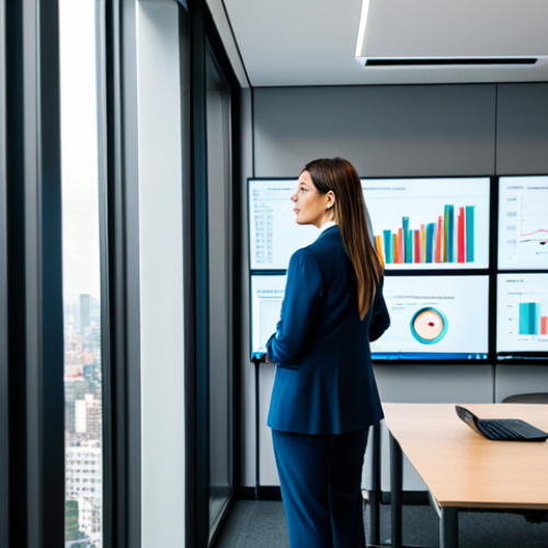 Home 14 **
A professional executive in a modern office setting, reviewing content performance data on a large screen. The office is bright and stylish, with views of a bustling cityscape. She is wearing a tailored business suit, fully clothed, appropriate attire. The scene emphasizes data analysis and strategic decision-making. Safe for work, perfect anatomy, natural pose, professional, high quality.
**