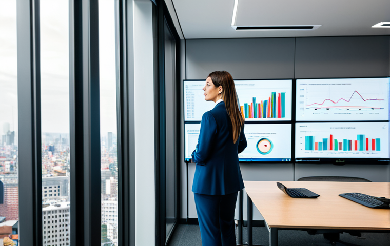 **
A professional executive in a modern office setting, reviewing content performance data on a large screen. The office is bright and stylish, with views of a bustling cityscape. She is wearing a tailored business suit, fully clothed, appropriate attire. The scene emphasizes data analysis and strategic decision-making. Safe for work, perfect anatomy, natural pose, professional, high quality.
**