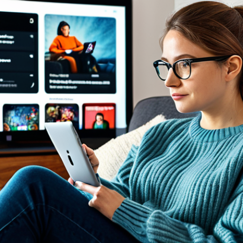 Home 5 OTT 콘텐츠와 기술 혁신 사례 - Personalized Recommendations**
"A young woman wearing a comfortable sweater and glasses, sitting on...