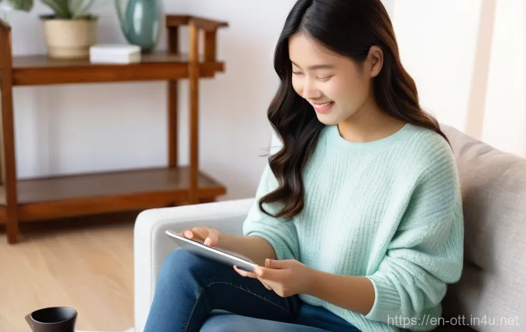 OTT와 학습 도구 통합 - **Edutainment at Home:**
A young woman (early 20s, East Asian, wearing comfortable jeans and a p...