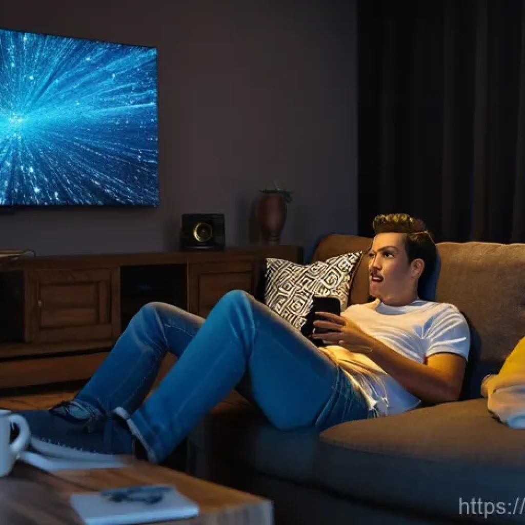 OTT 플랫폼 장단점 - **Prompt:** A young adult (male or female, casually dressed in a t-shirt and jeans, fully clothed) s...