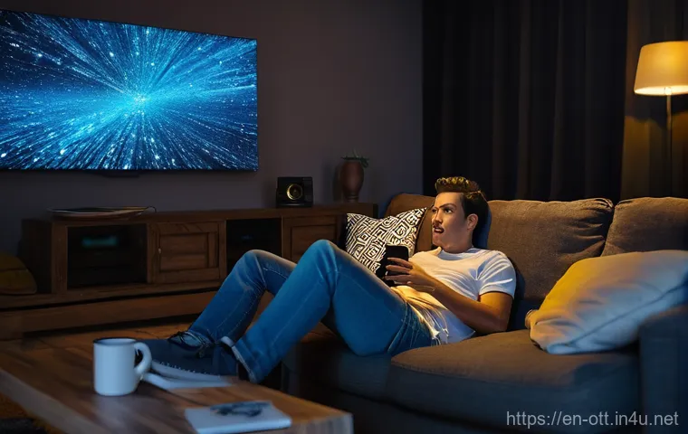 OTT 플랫폼 장단점 - **Prompt:** A young adult (male or female, casually dressed in a t-shirt and jeans, fully clothed) s...