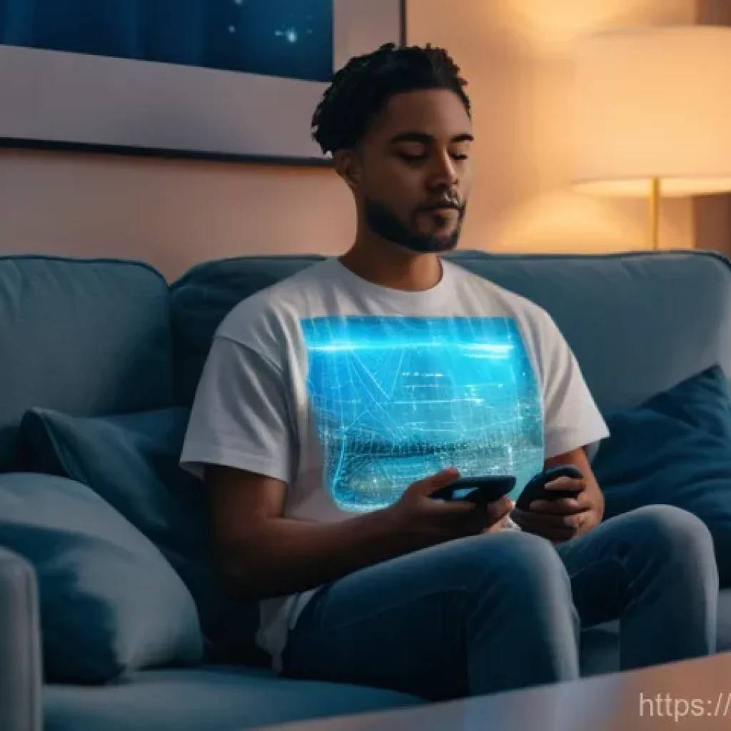 OTT 플랫폼 콘텐츠 제공사 - **Hyper-Personalization & AI:** A cozy, modern living room at dusk, bathed in warm, soft ambient lig...