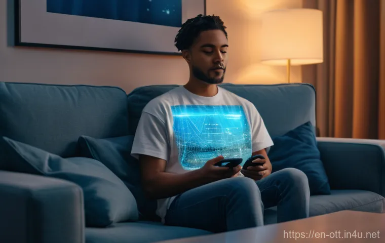 OTT 플랫폼 콘텐츠 제공사 - **Hyper-Personalization & AI:** A cozy, modern living room at dusk, bathed in warm, soft ambient lig...