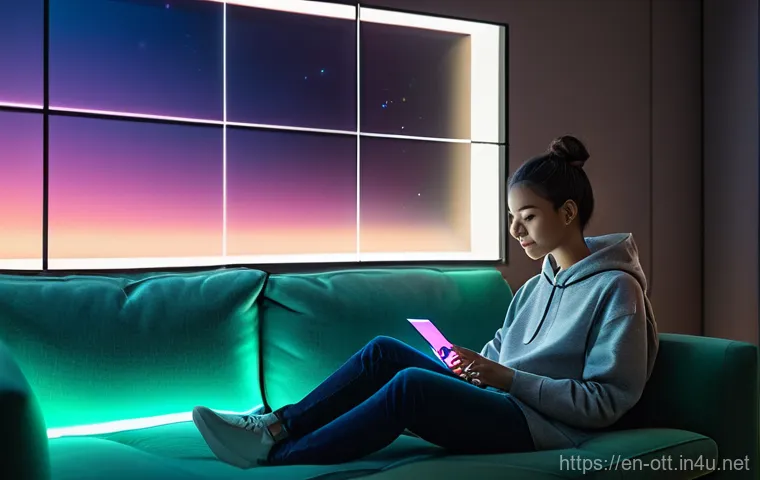 OTT와 사용자 피드백 시스템 - **Prompt:** A young adult, casually dressed in a stylish hoodie and jeans, is seated comfortably on ...