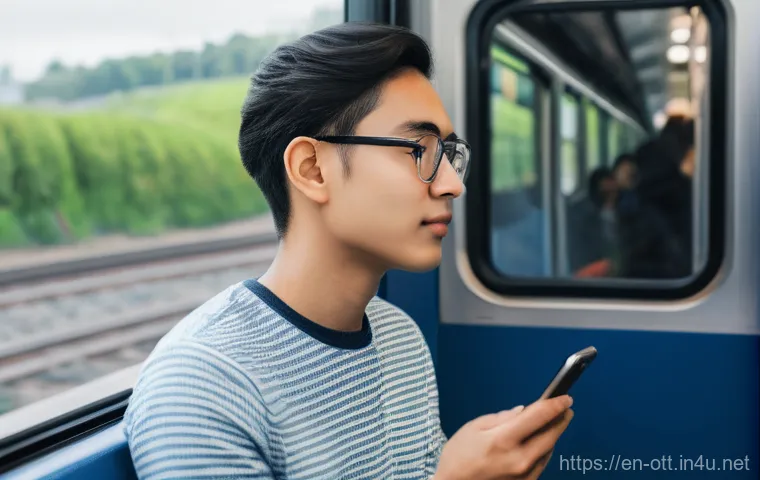 OTT와 데이터 절약 기능 - **Prompt:** A young adult, of diverse ethnicity and gender, is seated on a commuter train or bus, ho...