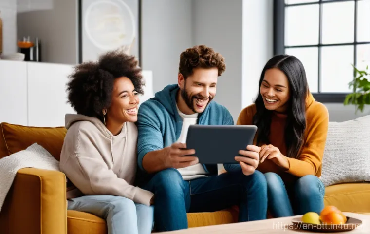 OTT 플랫폼 생태계 - **Prompt:** A cozy, warm-lit living room filled with comfortable sofas and throws. A diverse group o...