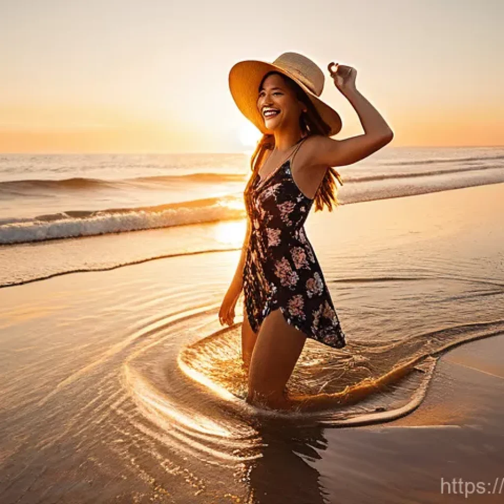 OTT와 IPTV 비교 - A joyful young woman, around 20 years old, with long, flowing brown hair, is standing on a sun-drenc...