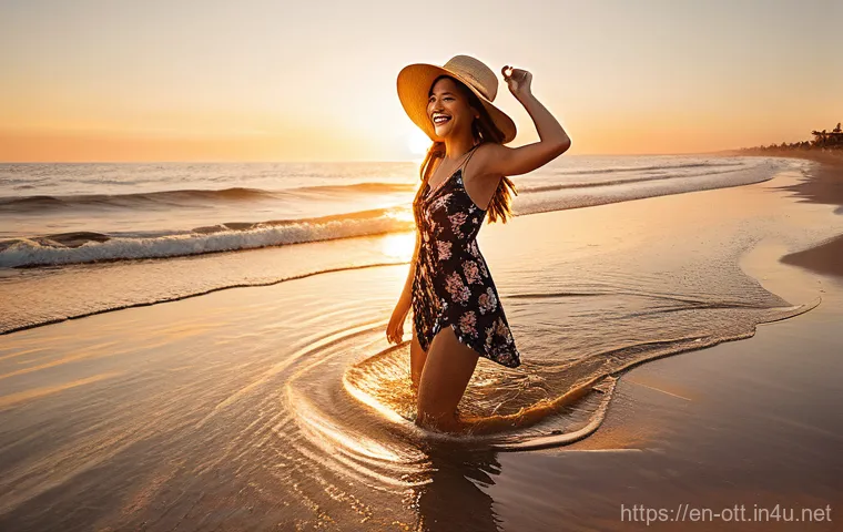 OTT와 IPTV 비교 - A joyful young woman, around 20 years old, with long, flowing brown hair, is standing on a sun-drenc...