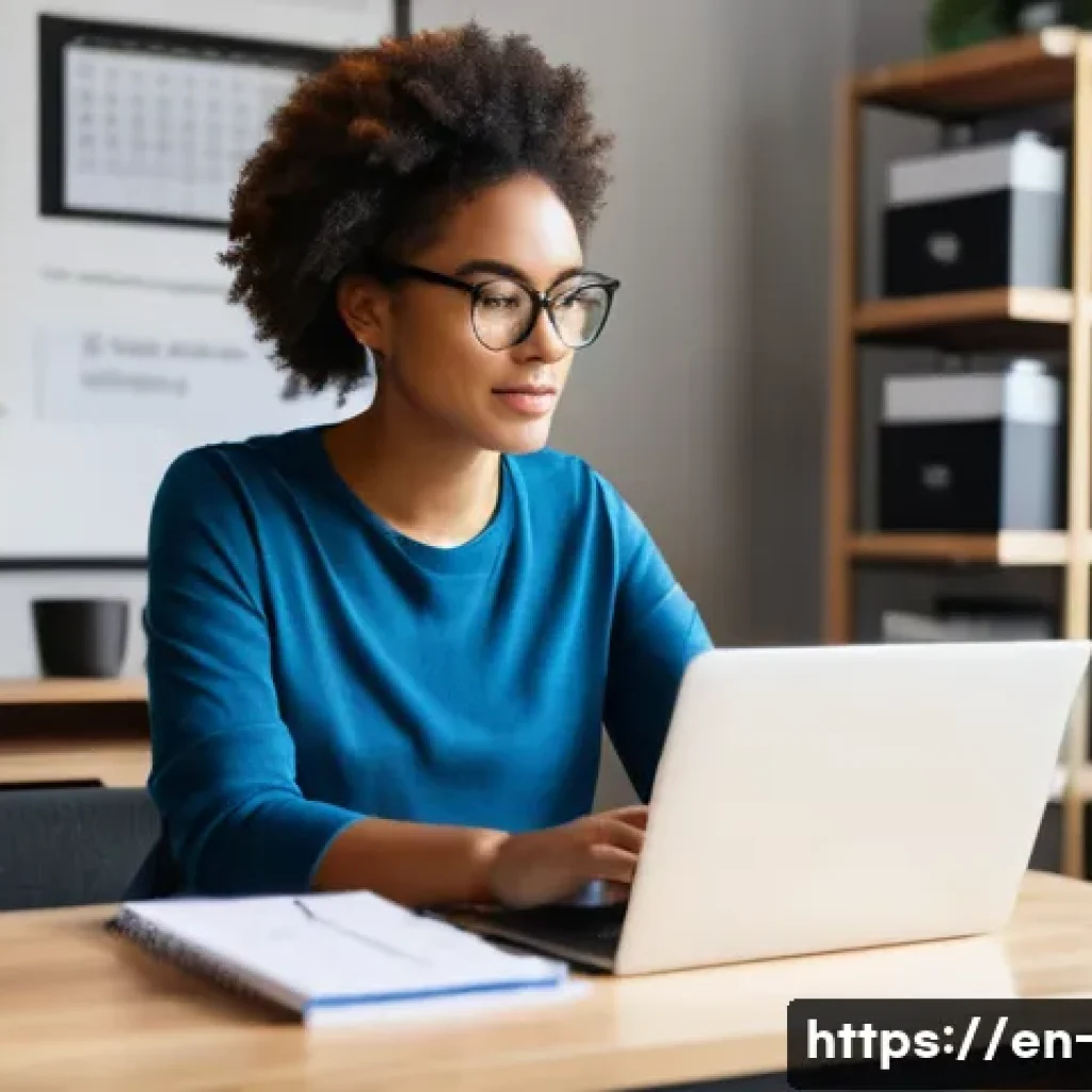 OTT 구독료 환불 정책 - A modern home office scene showing a young adult woman sitting at a sleek desk with a laptop open, b...
