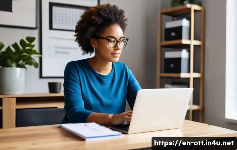 OTT 구독료 환불 정책 - A modern home office scene showing a young adult woman sitting at a sleek desk with a laptop open, b...
