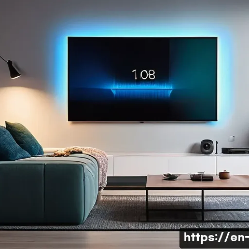 OTT와 스마트 홈 통합 - A modern living room with a sleek smart home entertainment setup, featuring a large flat-screen TV d...
