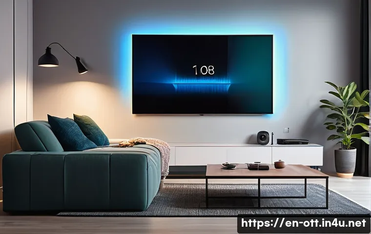 OTT와 스마트 홈 통합 - A modern living room with a sleek smart home entertainment setup, featuring a large flat-screen TV d...