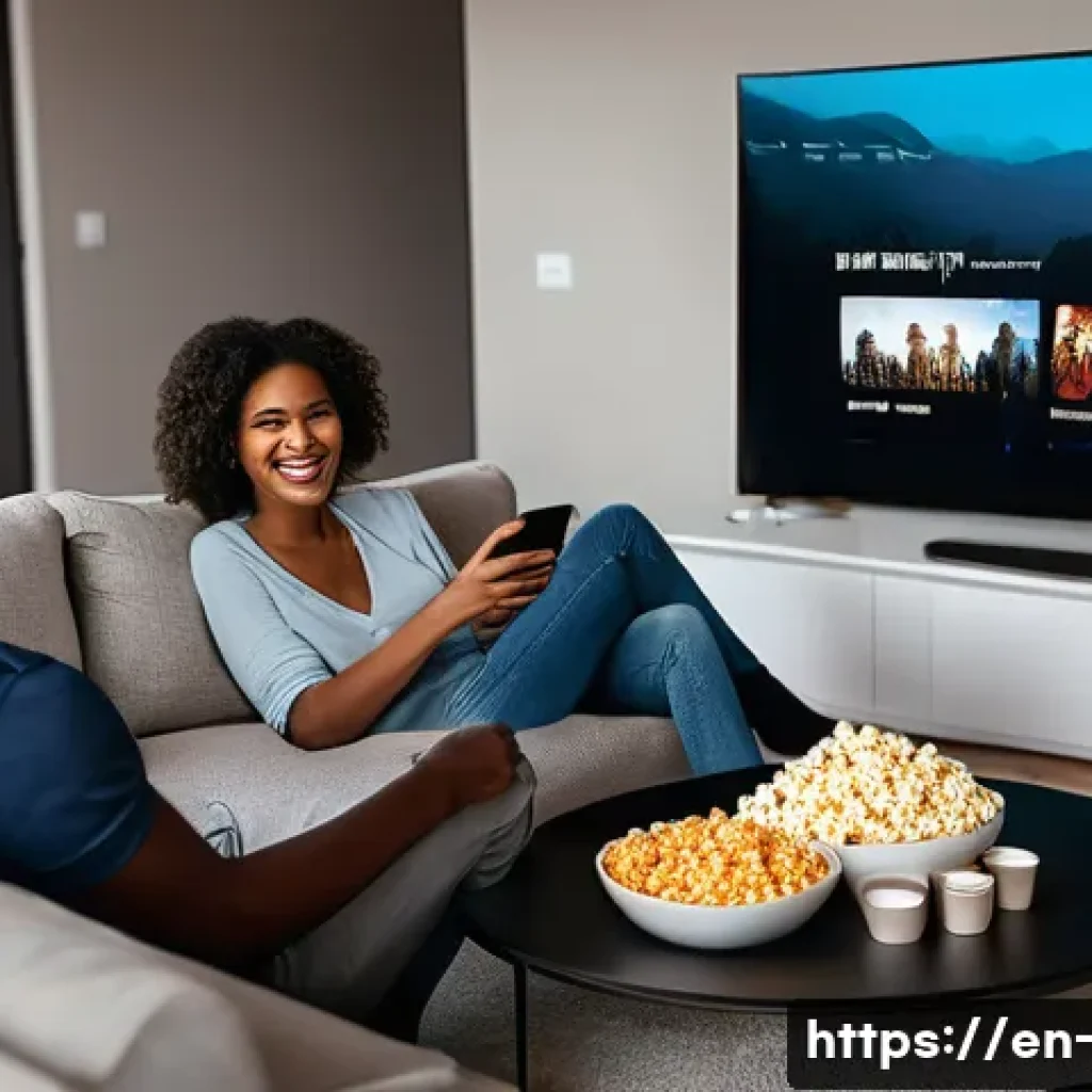 OTT 영화 대여 서비스 - A cozy modern living room scene featuring a diverse group of friends gathered for a movie night, sit...