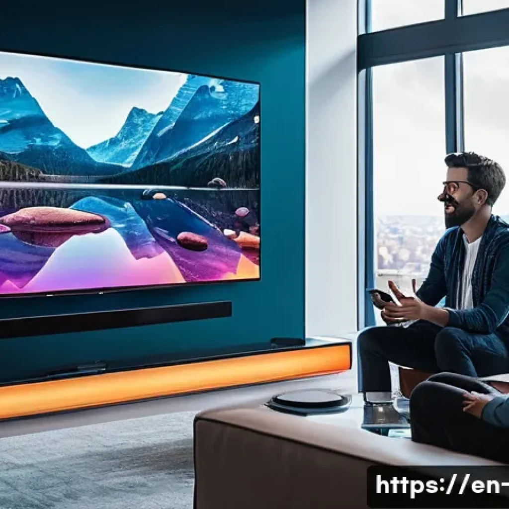 OTT와 글로벌 트렌드 - A futuristic living room scene featuring a diverse group of young adults engaged in an interactive s...