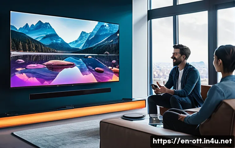 OTT와 글로벌 트렌드 - A futuristic living room scene featuring a diverse group of young adults engaged in an interactive s...