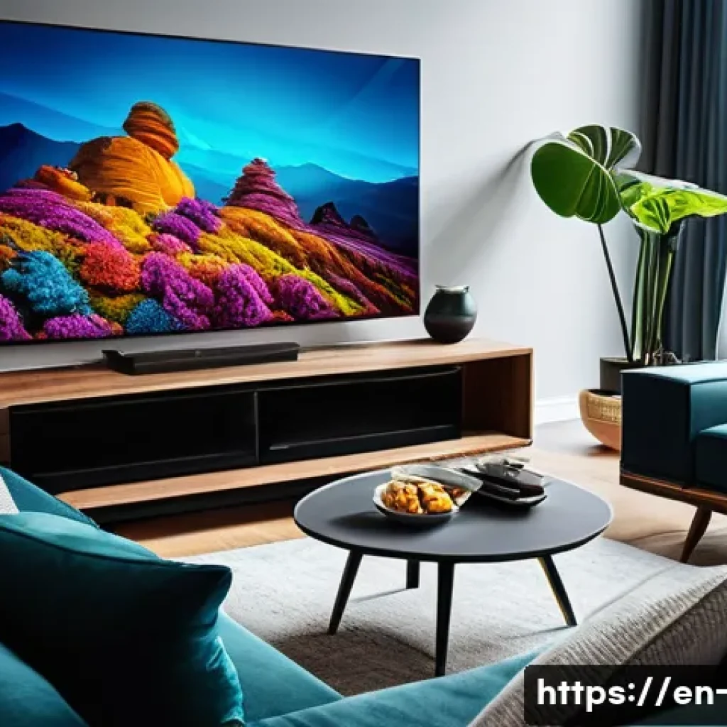 HDR 콘텐츠 제공 OTT - A modern living room scene showcasing a family enjoying a 4K HDR movie on a large OLED TV, with vivi...