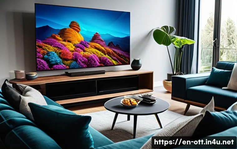 HDR 콘텐츠 제공 OTT - A modern living room scene showcasing a family enjoying a 4K HDR movie on a large OLED TV, with vivi...