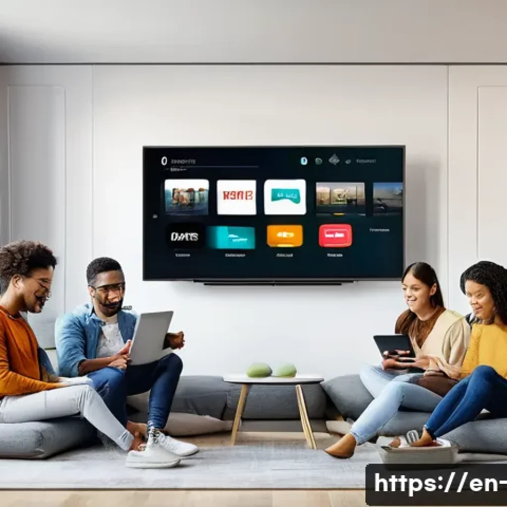 OTT 플랫폼 다운로드 기능 - A modern digital lifestyle scene showing a diverse group of young adults comfortably watching offlin...