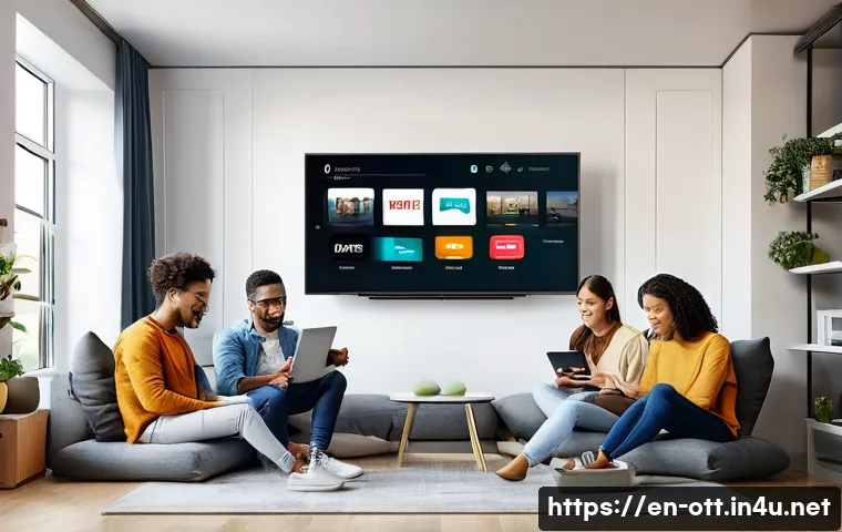 OTT 플랫폼 다운로드 기능 - A modern digital lifestyle scene showing a diverse group of young adults comfortably watching offlin...