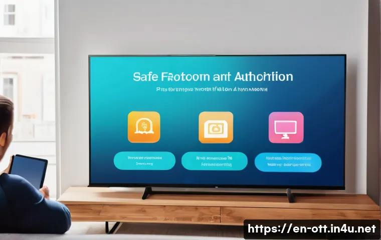 OTT 개인정보 보호 - A modern, sleek home living room scene with a diverse family streaming content on multiple devices—s...