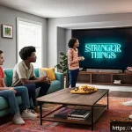 OTT와 독점 콘텐츠 경쟁 - A vibrant, modern living room scene showcasing a diverse group of friends gathered around a large fl...