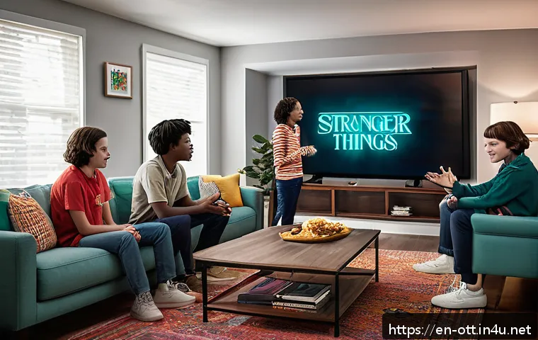 OTT와 독점 콘텐츠 경쟁 - A vibrant, modern living room scene showcasing a diverse group of friends gathered around a large fl...