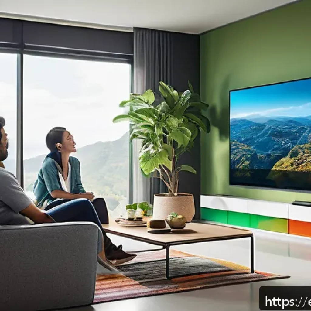 OTT 관련 산업 전망 - A futuristic living room scene featuring a diverse group of adults actively interacting with a large...