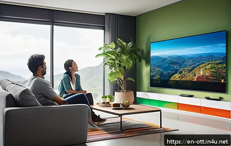 OTT 관련 산업 전망 - A futuristic living room scene featuring a diverse group of adults actively interacting with a large...