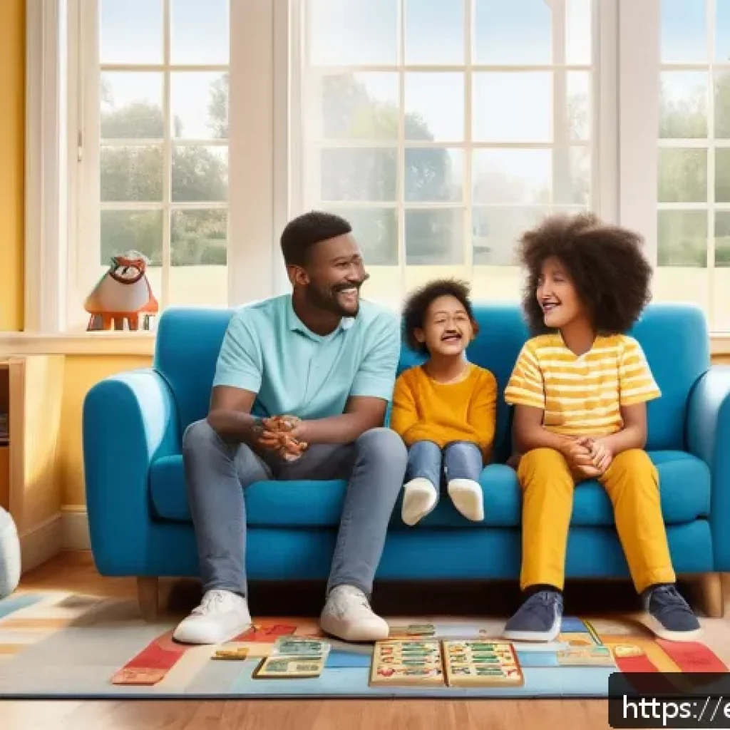 OTT 어린이 콘텐츠 추천 - A warm and inviting family living room scene inspired by the show "Bluey," featuring a diverse, anim...