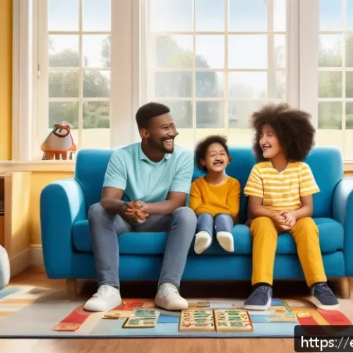 OTT 어린이 콘텐츠 추천 - A warm and inviting family living room scene inspired by the show "Bluey," featuring a diverse, anim...