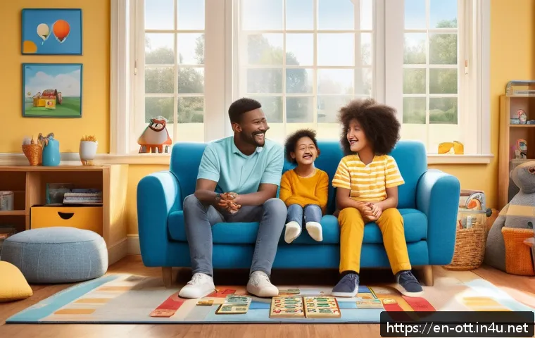 OTT 어린이 콘텐츠 추천 - A warm and inviting family living room scene inspired by the show "Bluey," featuring a diverse, anim...