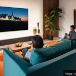 OTT 플랫폼 사용자 조사 결과 - A cozy modern living room scene at dusk featuring a diverse group of young adults binge-watching a f...