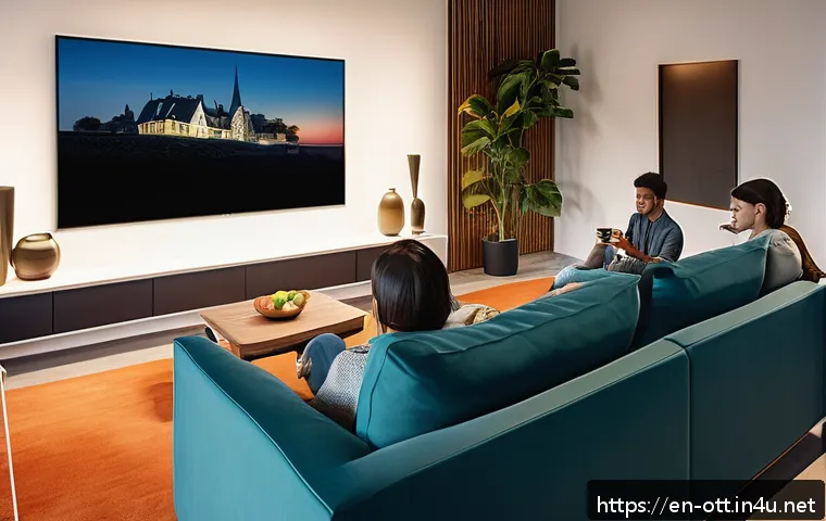 OTT 플랫폼 사용자 조사 결과 - A cozy modern living room scene at dusk featuring a diverse group of young adults binge-watching a f...