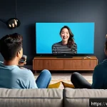 OTT 플랫폼 시장 경쟁 - A modern living room scene showing a diverse group of adults and teenagers intensely watching an exc...