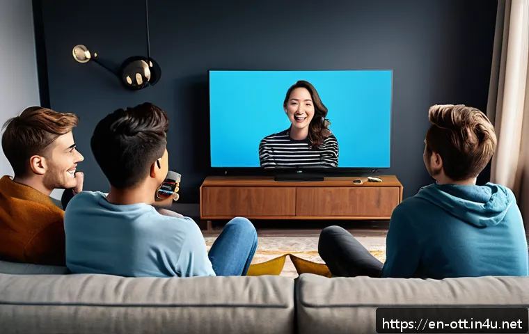 OTT 플랫폼 시장 경쟁 - A modern living room scene showing a diverse group of adults and teenagers intensely watching an exc...
