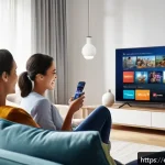 OTT 구독료 할인 이벤트 - A cozy modern living room scene featuring a diverse group of four friends enjoying a movie night on ...