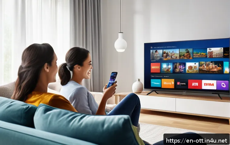 OTT 구독료 할인 이벤트 - A cozy modern living room scene featuring a diverse group of four friends enjoying a movie night on ...
