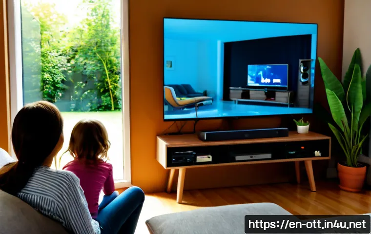 OTT와 환경 영향을 줄이는 기술 - Photorealistic modern living room with a family watching a streaming movie on a large blank televisi...