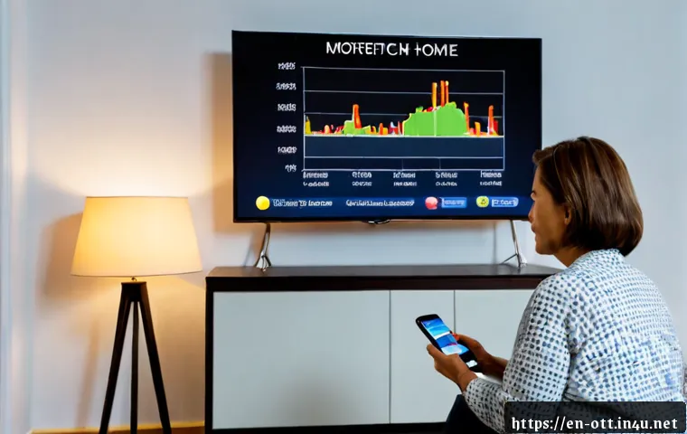 OTT 플랫폼 데이터 사용량 - Photorealistic home living room scene, a middle-aged woman comfortably streaming a movie on a large ...
