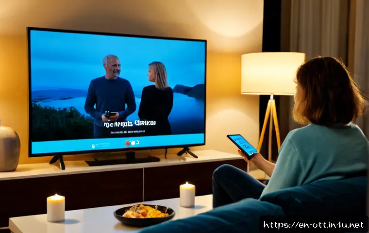 Home 17 OTT와 스트리밍 서비스 경쟁 - Photorealistic modern living room at evening, a middle-aged couple comparing streaming choices on a ...