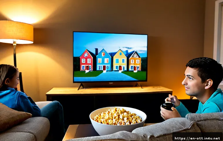 OTT 플랫폼 인기 순위 - Photorealistic cozy American living room at evening, a diverse family of four comfortably watching a...