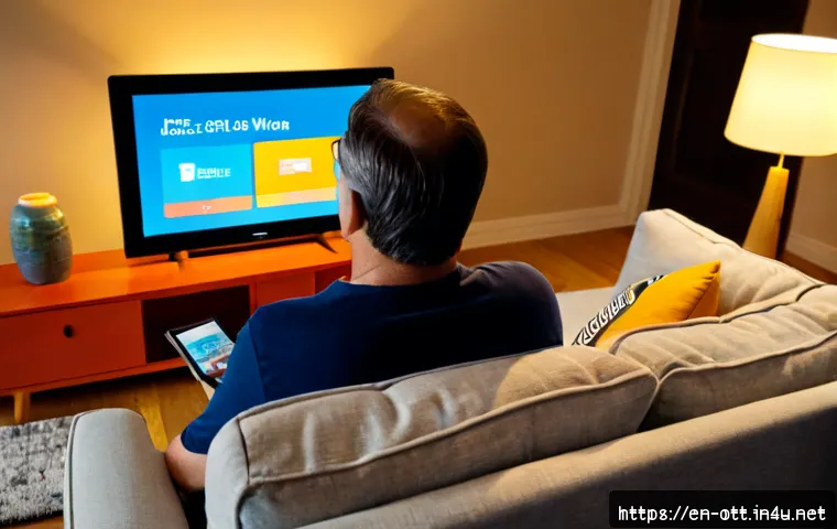 OTT 관련 정책 변화 - Photorealistic home living room scene illustrating streaming policy changes, a middle-aged couple si...